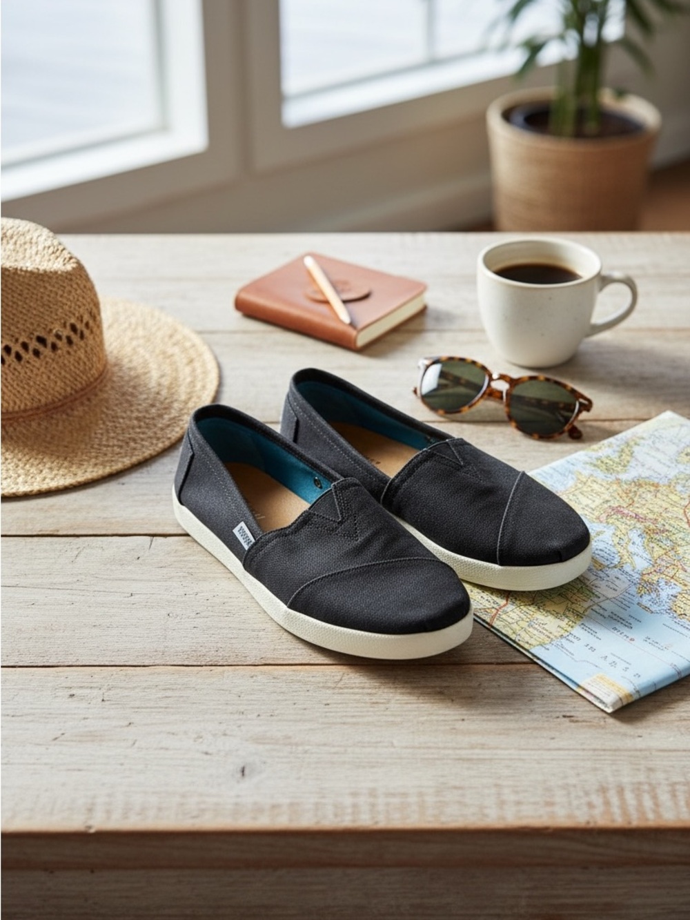 Toms Black Canvas Slip-On Shoes with Teal Lining